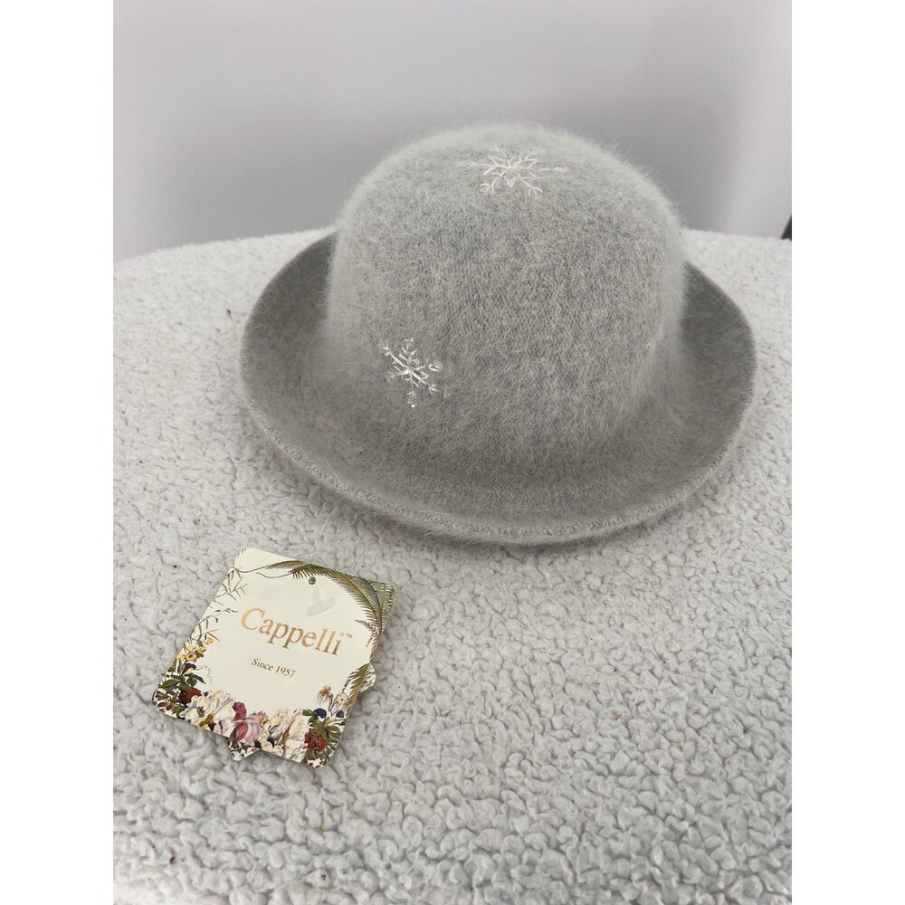 New Capelli Women's Angora Wool Blend Gray Fedora Hat Snowflakes Hand Made Warm